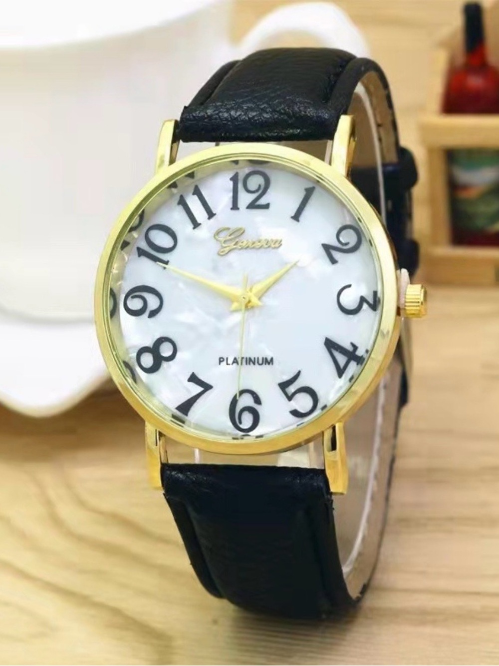 2394-172 Geneva Gold Case Ladies Watch with Black Leather Strap